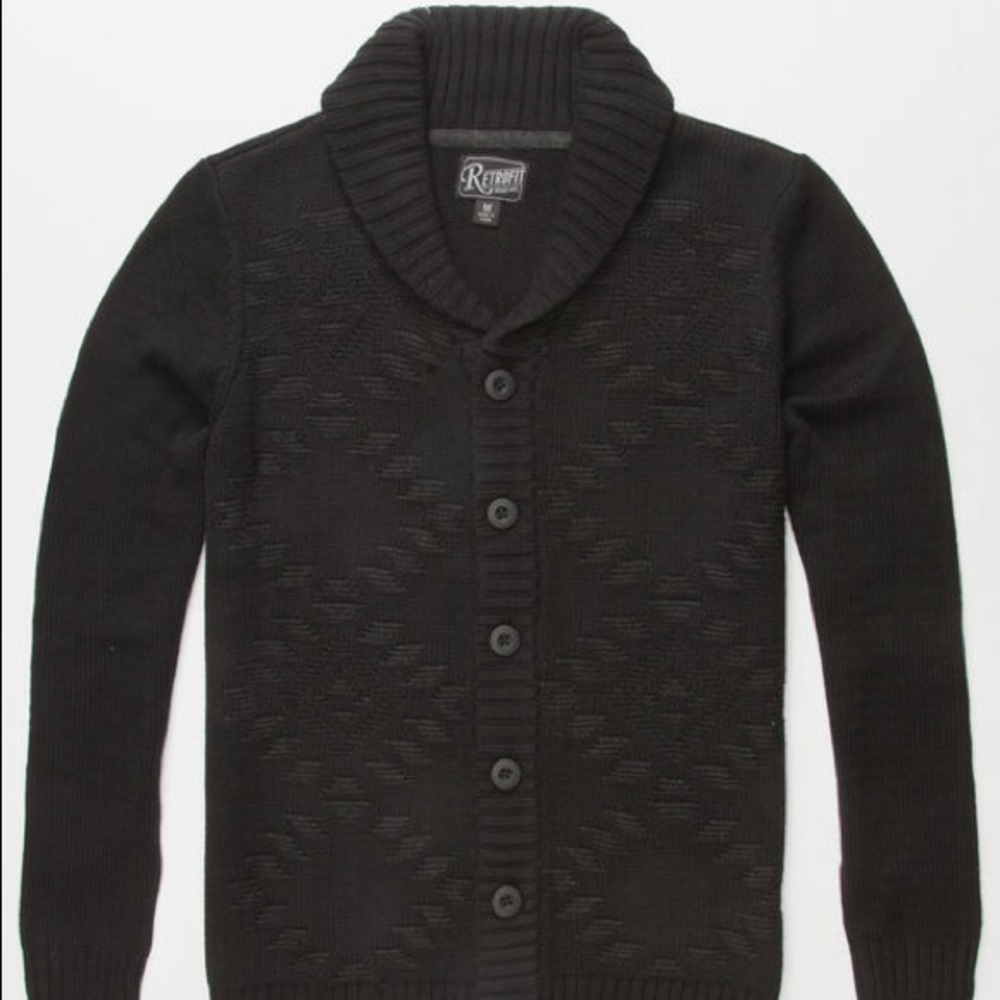 Retrofit Men’s Black Rolled-Collar Cardigan